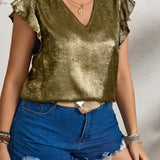 Blusa de a grande de verano informal con cuello en V, y dobladillo con volantes