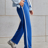 Pantalones deportivos de ocio atletico de ajuste recto con cintura de cordon contrastante, bolsillos diagonales laterales con costuras de parches en los laterales