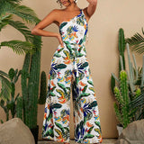 TRVLCHIC Women Vacation Summer Tropical Plant Print One Shoulder Jumpsuit With Wide Leg Pants