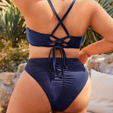 Swim Vcay Conjunto de bikini de talla grande con diseno fruncido y corbata trasera, ideal para unas vacaciones de verano en la playa