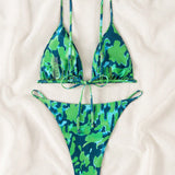 Swim Conjunto de bikini de playa de verano con tiras finas estampadas completa y separado