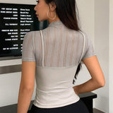 DAZY Camiseta deportiva de a para mujeres, unicolor con cuello de pila transparente