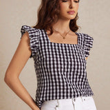 Frenchy Blusa de manga de mariposa con cuello cuadrado y cuadros blancos y negros, tela de madras de verano, estilo frances