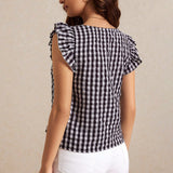 Frenchy Blusa de manga de mariposa con cuello cuadrado y cuadros blancos y negros, tela de madras de verano, estilo frances