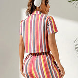 EZwear Conjunto Casual De Camisa Tejida A Rayas Y Colorida Para Mujer