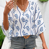 VCAY Camisa de verano de mujer suelta con bordado de plantas, cuello en V y mangas murcielago