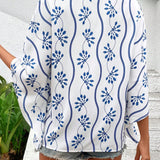 VCAY Camisa de verano de mujer suelta con bordado de plantas, cuello en V y mangas murcielago