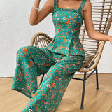 VCAY Ladies Lace Trim Pleated Vintage Floral Print Vacation Style Spaghetti Strap Jumpsuit