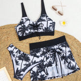 Conjunto de traje de bano de 3 piezas con bikini estampado tropical para mujer