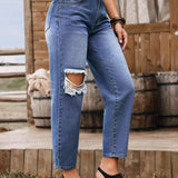 LUNE Jeans rectos informales para mujer con bolsillos y detalles desgastados