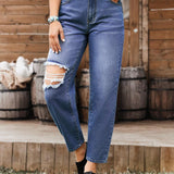 LUNE Jeans rectos informales para mujer con bolsillos y detalles desgastados