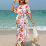 Swim Vcay Vestido holgado para cubrir en la playa para mujeres con estampado tropical de plantas, rajas laterales y dobladillo ancho para vacaciones en la playa de verano