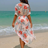 Swim Vcay Vestido holgado para cubrir en la playa para mujeres con estampado tropical de plantas, rajas laterales y dobladillo ancho para vacaciones en la playa de verano