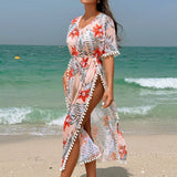 Swim Vcay Vestido holgado para cubrir en la playa para mujeres con estampado tropical de plantas, rajas laterales y dobladillo ancho para vacaciones en la playa de verano