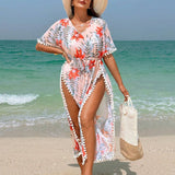 Swim Vcay Vestido holgado para cubrir en la playa para mujeres con estampado tropical de plantas, rajas laterales y dobladillo ancho para vacaciones en la playa de verano