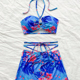 WYWH Conjunto de top Bandeau frontal y central hueco con estampado floral rojo sobre base azul y falda corta Bodycon A-Line, estilo tropical para mujeres de WYWH para vacaciones