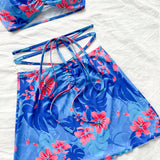 WYWH Conjunto de top Bandeau frontal y central hueco con estampado floral rojo sobre base azul y falda corta Bodycon A-Line, estilo tropical para mujeres de WYWH para vacaciones