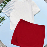 EZwear Set de dos piezas compuesto por camiseta y falda estampada en rojo y blanco para la primavera/verano