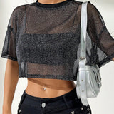 EZwear Top corto negro con malla brillante transparente, ideal para el verano