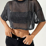 EZwear Top corto negro con malla brillante transparente, ideal para el verano