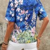 EMERY ROSE Camisa de verano de manga corta, cuello en V suelto para senoras con estampado floral abstracto