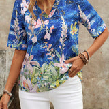 EMERY ROSE Camisa de verano de manga corta, cuello en V suelto para senoras con estampado floral abstracto