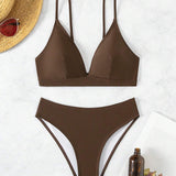 Bikini de dos piezas para nadar estilo de verano con tirantes finos de unicolor y estilo de vacaciones