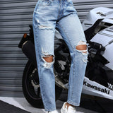 EZwear Jeans desgastados simples de unicolor para mujeres
