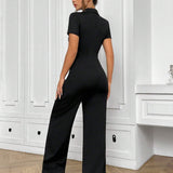 NEW  EZwear Turn-Down Collar Solid Color Front Button Short Sleeve Wide Leg Jumpsuit