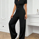 NEW  EZwear Turn-Down Collar Solid Color Front Button Short Sleeve Wide Leg Jumpsuit