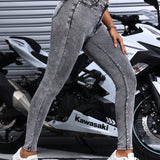 EZwear Pantalones Jeans de mujer en unicolor con cierre de boton y bolsillos