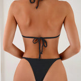 Swim BAE Conjunto de bikini para mujer con diseno de torsion en el cuello halter y bloque de color con detalle de lazo en la espalda, estilo de vacaciones para verano