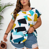 CURVE+ Camisa suelta para verano de mangas murcielago con patron geometrico y a grande