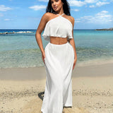 SXY Conjunto de verano para vacaciones estilo Boho, top y falda blancos solidos plisados con cuello halter