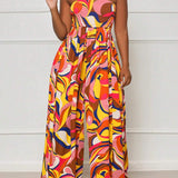 Slayr Vacation Summer Full Print Wrapped Wide Leg Tube Jumpsuit