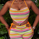 Slayr Conjunto de dos piezas de mujer tejido de punto con textura a rayas de impresion tropical, que incluye un top de camisola ajustado para vacaciones y shorts de talle alto con cortes