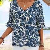 EMERY ROSE Camisa de vacaciones para mujeres de manga corta y ajuste holgado con cuello en V y muescas con estampado de plantas tropicales para el verano