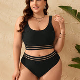 Swim Curve Conjunto de bikini de rayas minimalista de tallas grandes para vacaciones en la playa con sujetador y bikini inferior