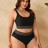 Swim Curve Conjunto de bikini de rayas minimalista de tallas grandes para vacaciones en la playa con sujetador y bikini inferior