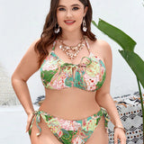 Swim Curve Conjunto de traje de bano de talla grande con diseno de estampado de cachemira, sujetador con cuello halter y Bottom de bikini