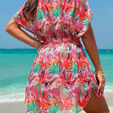 Swim Vcay Vestido de playa para mujer con estampado tropical aleatorio y cintura elastica de cubierta