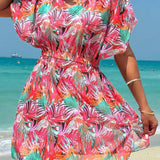 Swim Vcay Vestido de playa para mujer con estampado tropical aleatorio y cintura elastica de cubierta