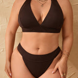 Swim Curve Conjunto de bikini para playa de verano con cuello halter en V y sin alambre para tallas grandes