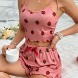 Conjunto de pijama para mujer con camisola y shorts, con lindo patron de fresa