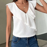 Blusa sin mangas de verano casual para mujer con encaje blanco floral, dee de volantes con cuello en V