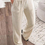 NEW  LUNE Pantalones casuales de pierna recta, cintura alta y elastica con cordon