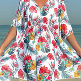 Swim Vcay Vestido suelto de manga corta con cuello en V estampado tropical para mujeres, perfecto para vacaciones de verano en la playa, modelo aleatorio