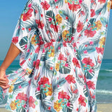 Swim Vcay Vestido suelto de manga corta con cuello en V estampado tropical para mujeres, perfecto para vacaciones de verano en la playa, modelo aleatorio