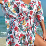 Swim Vcay Vestido suelto de manga corta con cuello en V estampado tropical para mujeres, perfecto para vacaciones de verano en la playa, modelo aleatorio