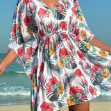 Swim Vcay Vestido suelto de manga corta con cuello en V estampado tropical para mujeres, perfecto para vacaciones de verano en la playa, modelo aleatorio